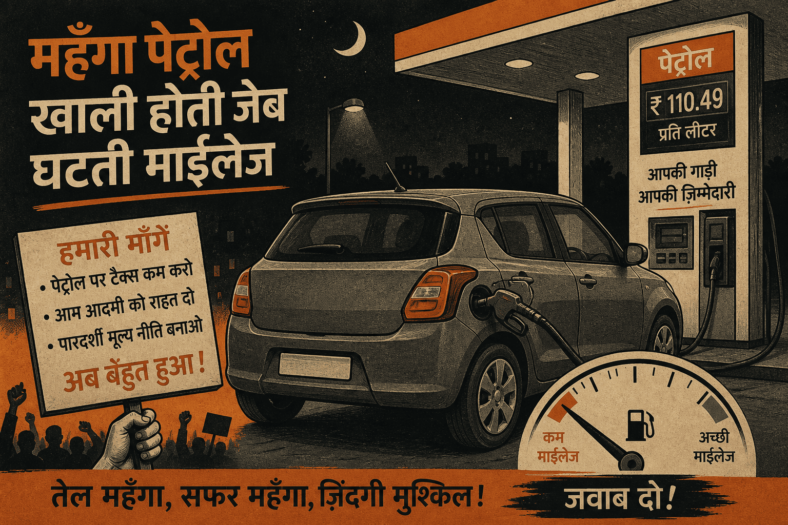 Illustration of a small hatchback at an Indian petrol pump with a falling efficiency gauge