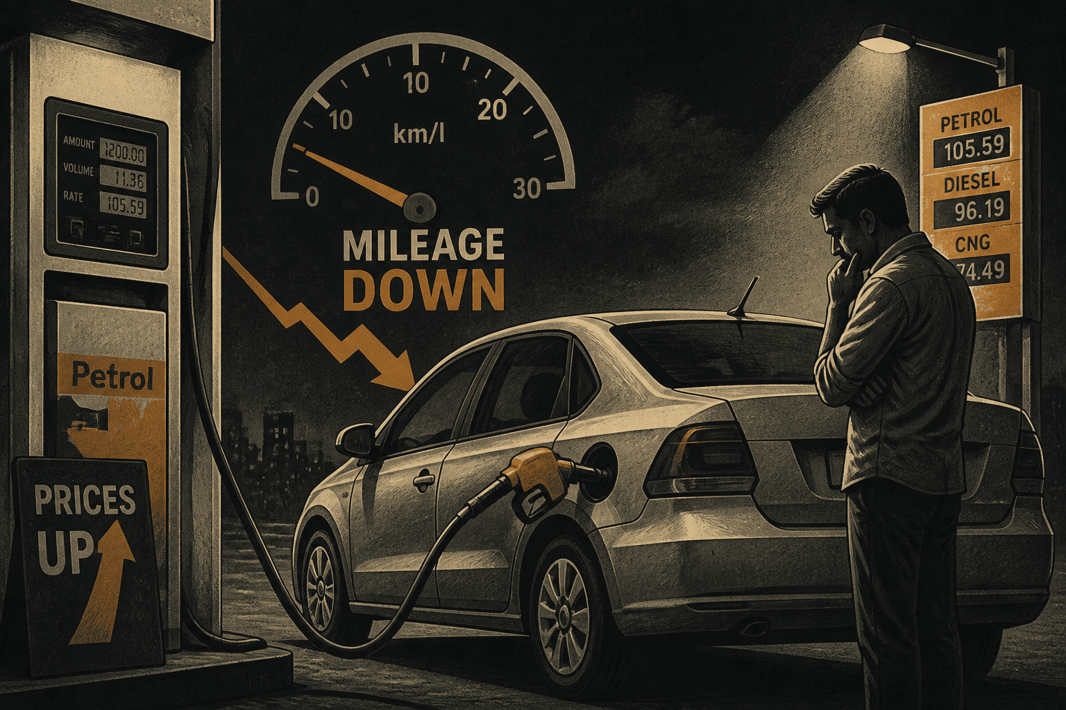 Illustration of a mid-size sedan at a night petrol forecourt under floodlights