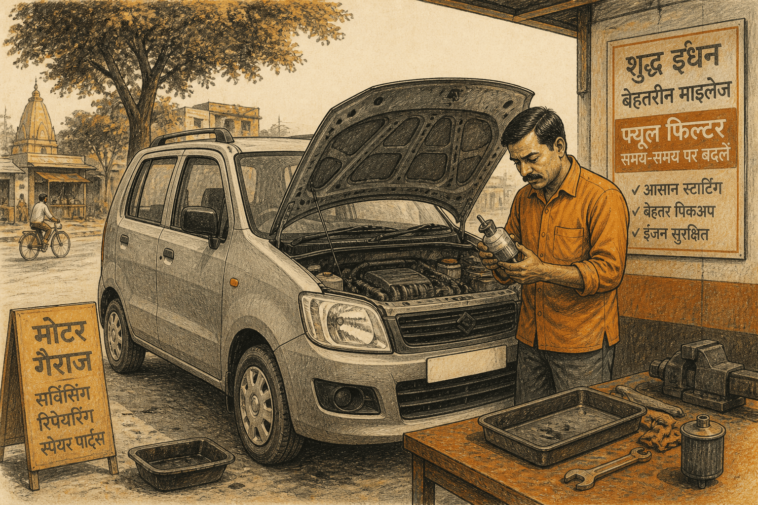 Illustration of a tall hatchback with open bonnet at a garage, fuel filter in focus